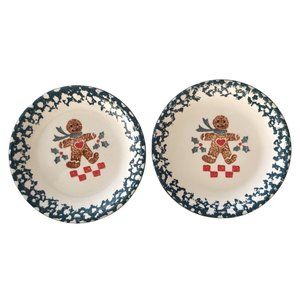 2 Salad Plates - Gingerbread Spongeware TIENSHAN Folkcraft Holiday Christmas
